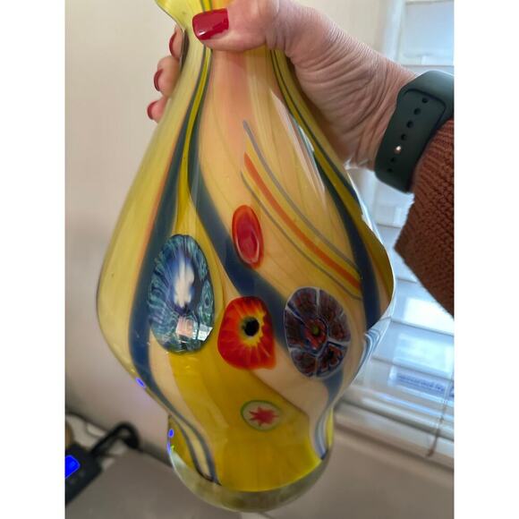 Vintage Murano Hand Blown Yellow Glass Vase Large Millefiori Art Glass - Picture 9 of 13